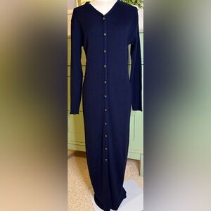 VINTAGE Carole Little Dark Blue Long Sleeve Wool Blend Ribbed Knit Sweater Dress